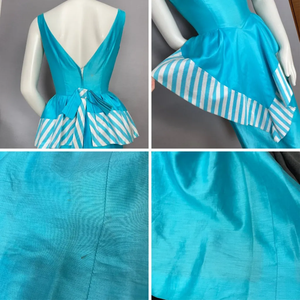 Vintage 1960s Lilli Ann Dress FLAWS Wounded Bird Peplum Skirt Blue White Stripes Size XXS - Image 8