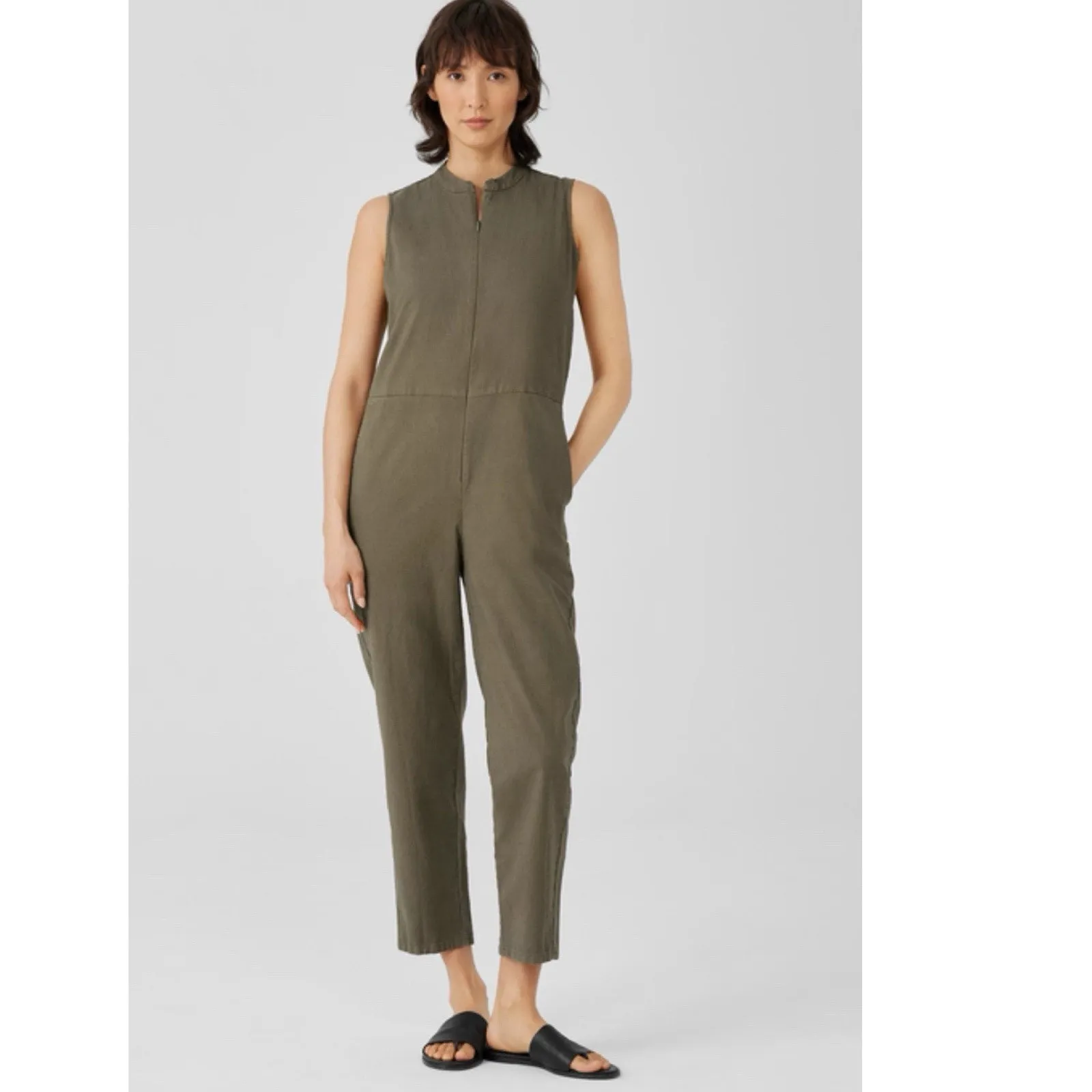 Eileen Fisher Cotton Hemp Stretch Jumpsuit Olive green Sz XXS Chore Minimalist - Image 10