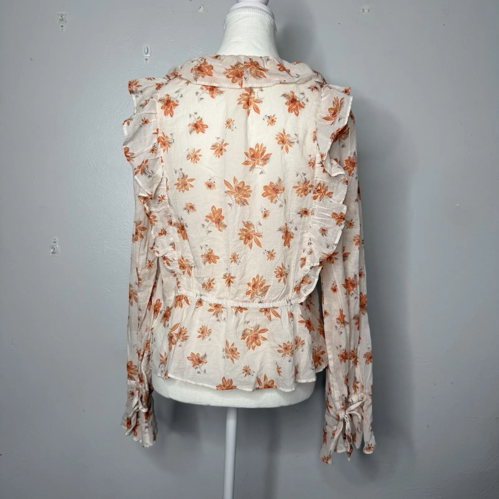 Free People Women’s Floral Ruffle Long Sleeve Blouse Size L Boho Peplum Top - Image 3