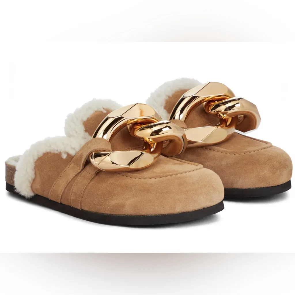 JW Anderson Beige Lamb Leather Shearling Chunky Gold Chain Loafer Clog Mules Tan Size 10 - Image 13