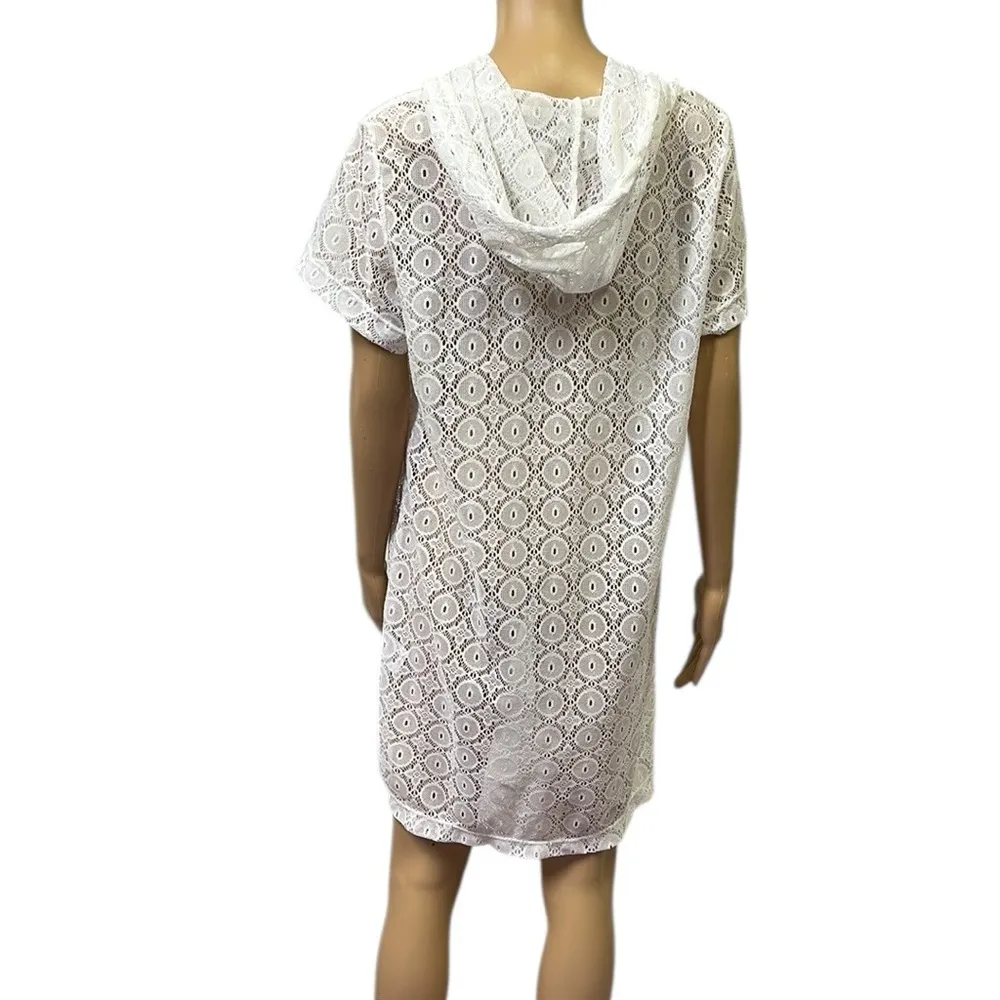 Jaclyn Smith White Lace Full Zip Up Hooded Short Sleeve Swim Coverup Womens L - Image 6