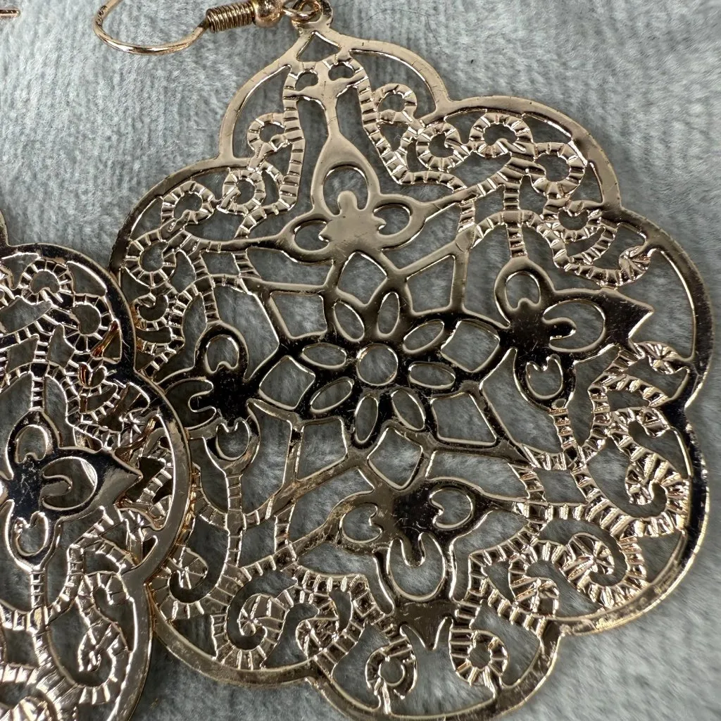 Floral Statement Dangle Earrings 2 Pair Pierced Hooks Silver & Gold - Image 5