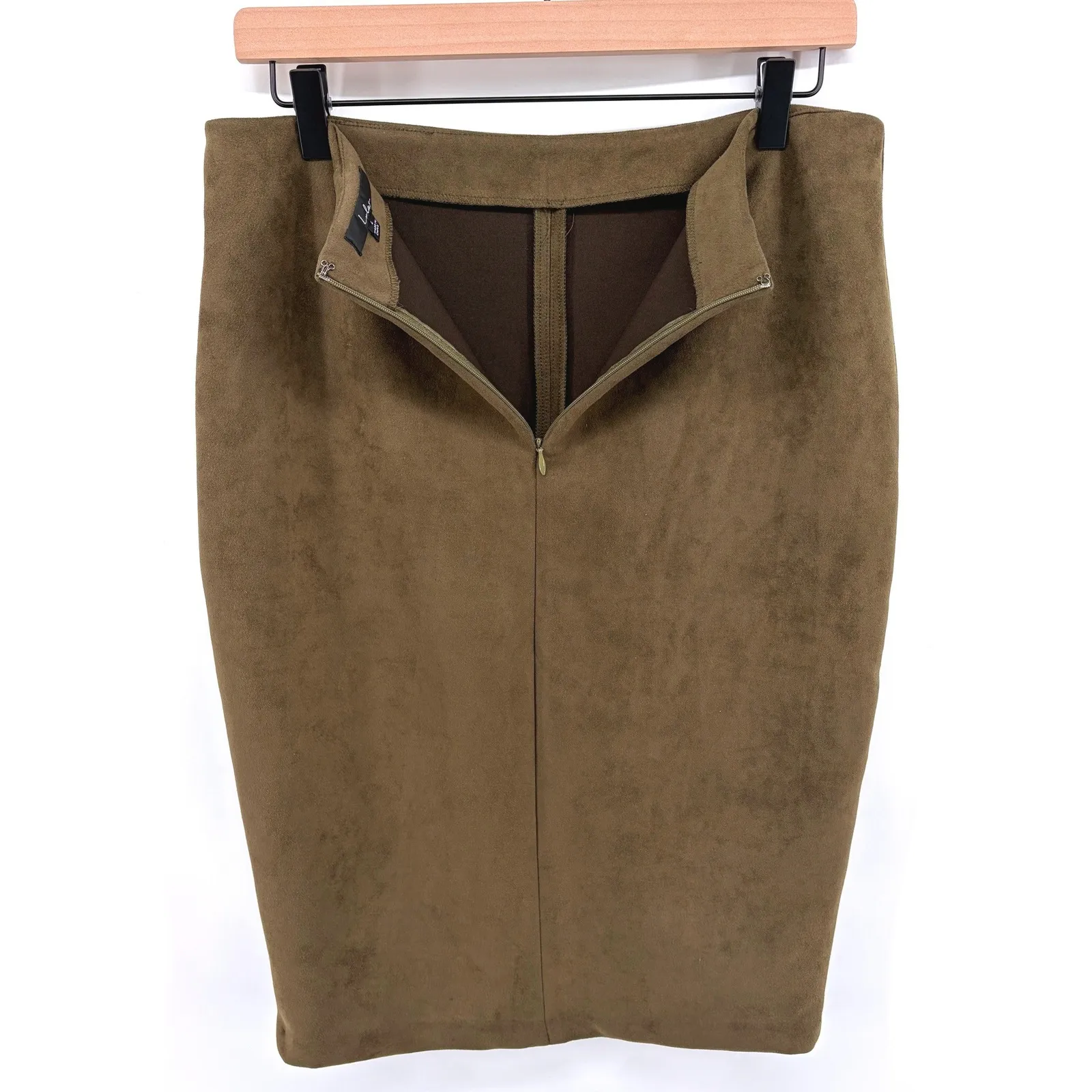 Lulu's Faux Suede Pencil Skirt Olive Green Slit Knee Length Large Minimalist - Image 4