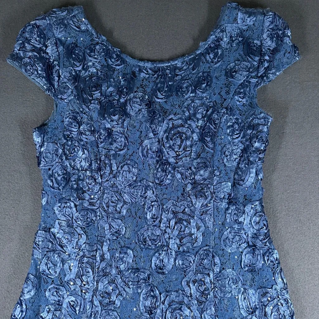 Alex Evenings Dress Womens 12 Blue Rosette Gown Cocktail Short Back Zip Wedding - Image 3