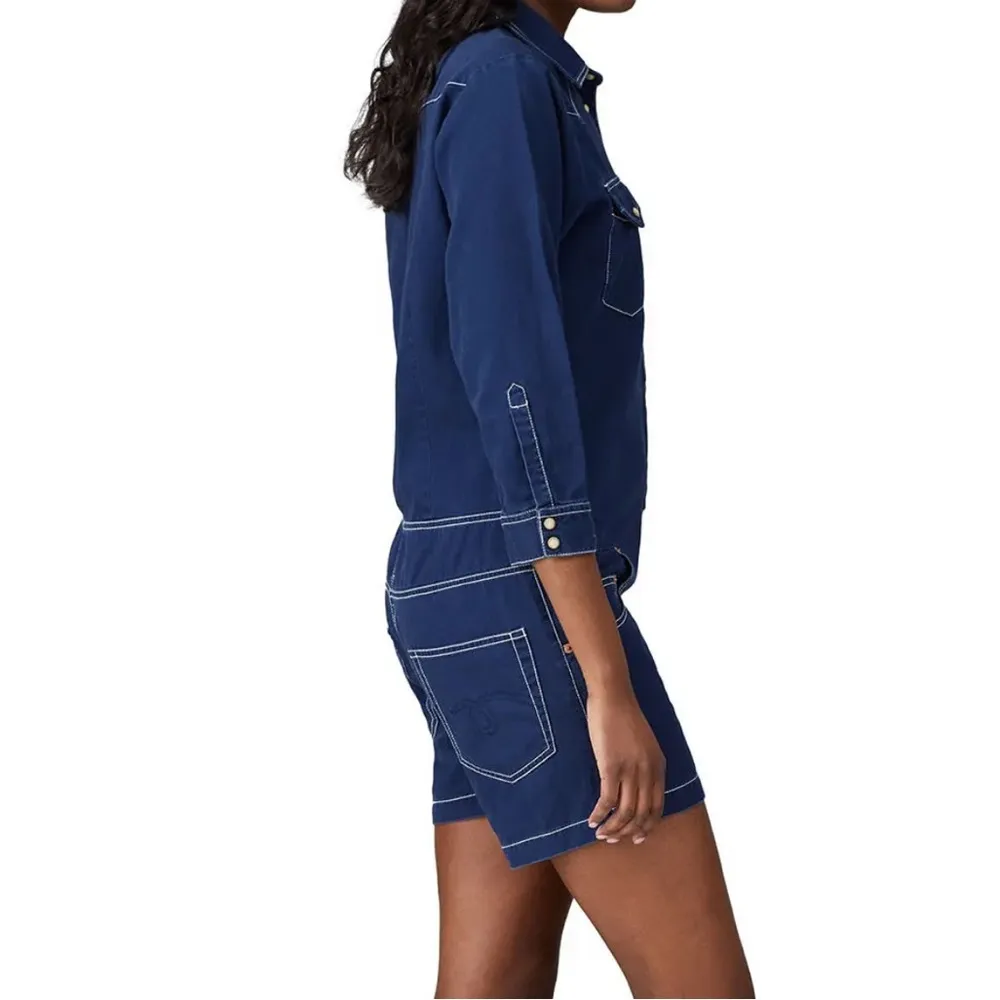 Cowboy Denim Jean Romper Dark Wash Western Pearlized Buttons size Med - Image 2