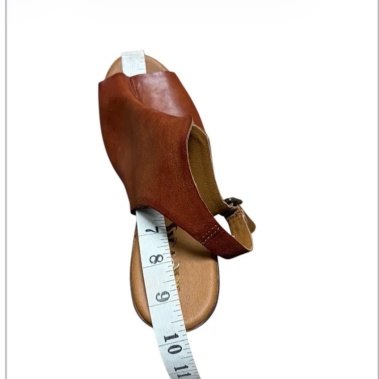 Korks Arden Platform Block Heel Slingback Peep Toe Stud Faux Leather Sandals 8 Tan - Image 9