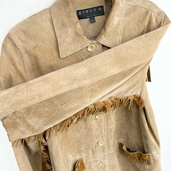 Vintage Western Leather Jacket Velvet Fringe Size‎ Medium Bohemian Giacca Tan - Image 6