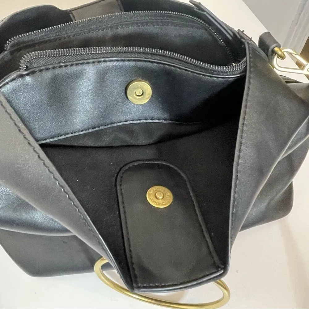 Nine West Soft Leather Black Handbag w Large Brass Gold Handles & Optional Strap - Image 11