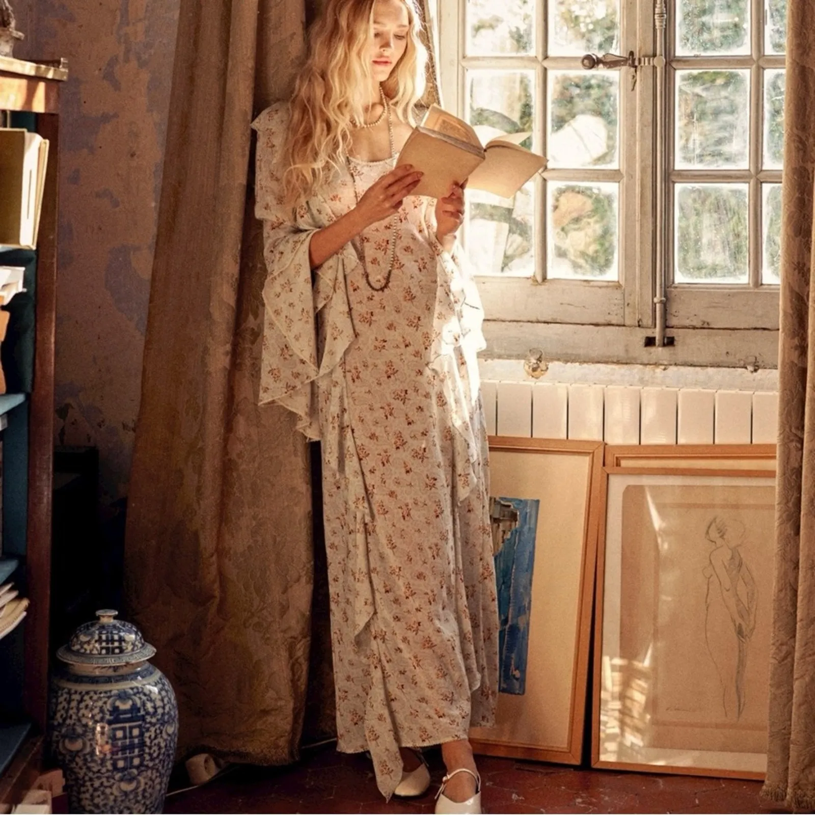 Spell & The Gypsy Ethereal Bohemian Witchy Fleur Frill Bias Maxi Dress Medium White - Image 6