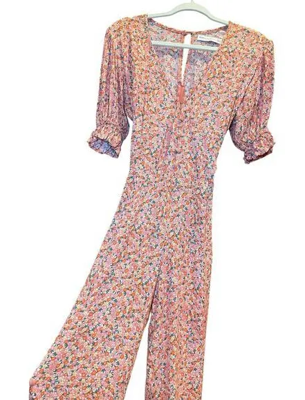Faithfull The Brand Women 4 Orange & Pink Floral Flower Jumpsuit Romper - Image 1