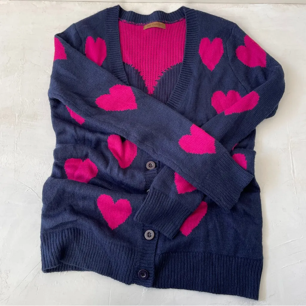Valentine Hearts Love Sweetheart Cardigan Sweater The Classic Navy Pink Size L Blue Size L - Image 6