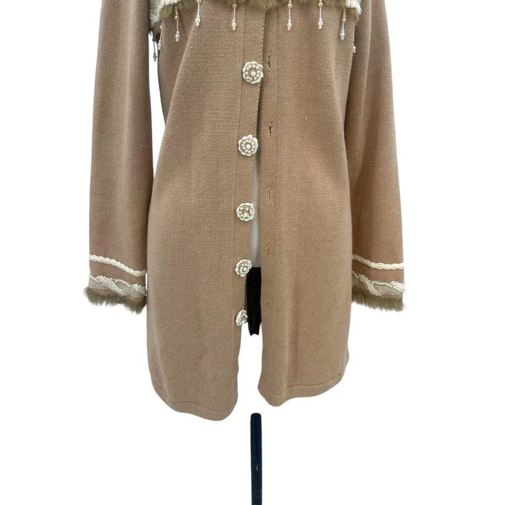 Storybook Knits Pearl Beaded Fur Trimmed Cardigan Sweater‎ Tan Camel Size Small - Image 4