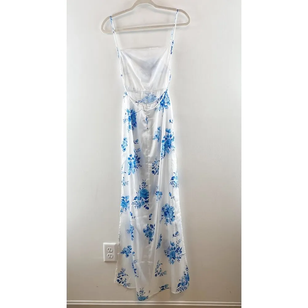 Lucy in the Sky Floral Print Open Back Satin Maxi Dress White Blue XS - Image 10