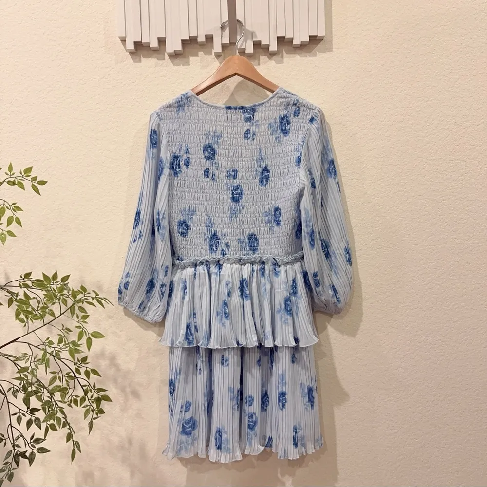 Ganni Blue Floral Pleated Georgette Mini Dress Size 8 NWT - Image 10