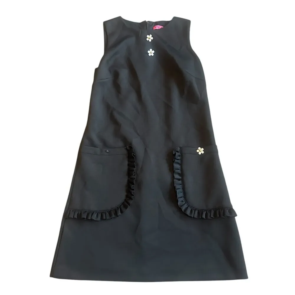 Betsey Johnson Black Shift Dress Daisy Buttons Mod Shift Fit Stretch Size 4 - Image 2