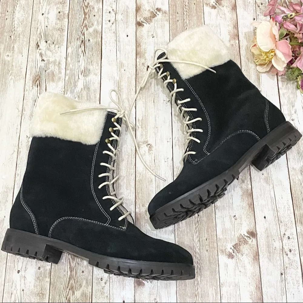 Cole Haan Nike Air Faux Fur Trim Black Waterproof Lace Up Combat Boots 8… - Image 2