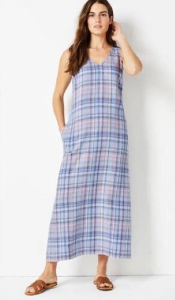 J Jill The Madras Maxi Dress 100% Linen Sleeveless Relaxed Fit Pockets Blue Sz M Size M - Image 7