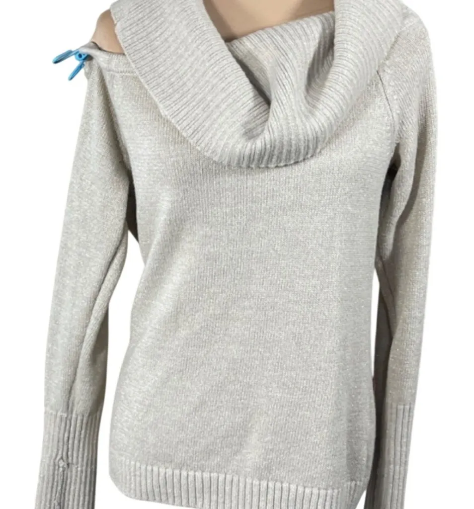 NY & Co Cold Shoulder Sweater Cowl Neck Gold Metallic Size L Large Cream - Image 1