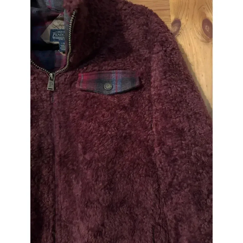 Pendleton Burgandy Sherpa pull over pleaid wool accents L - Image 9