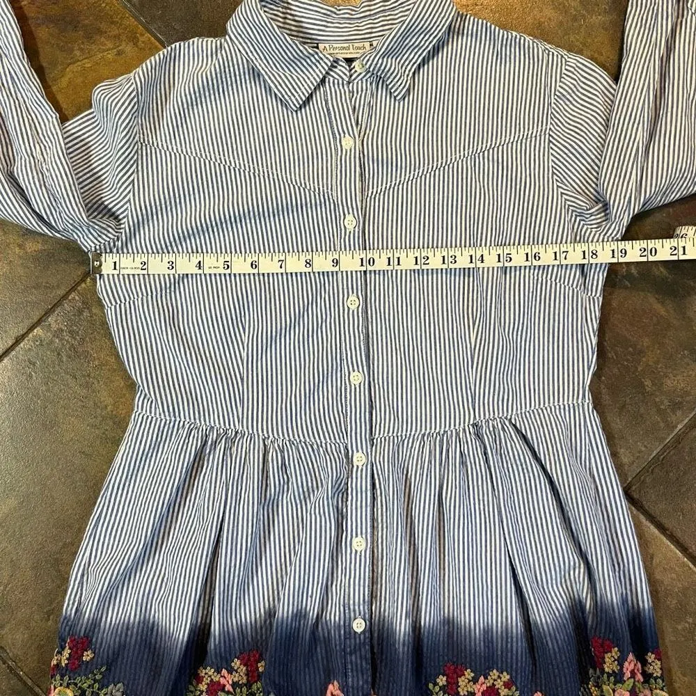 A Personal Touch Stripped Button Down Floral Embroidery Blouse Medium Blue - Image 13