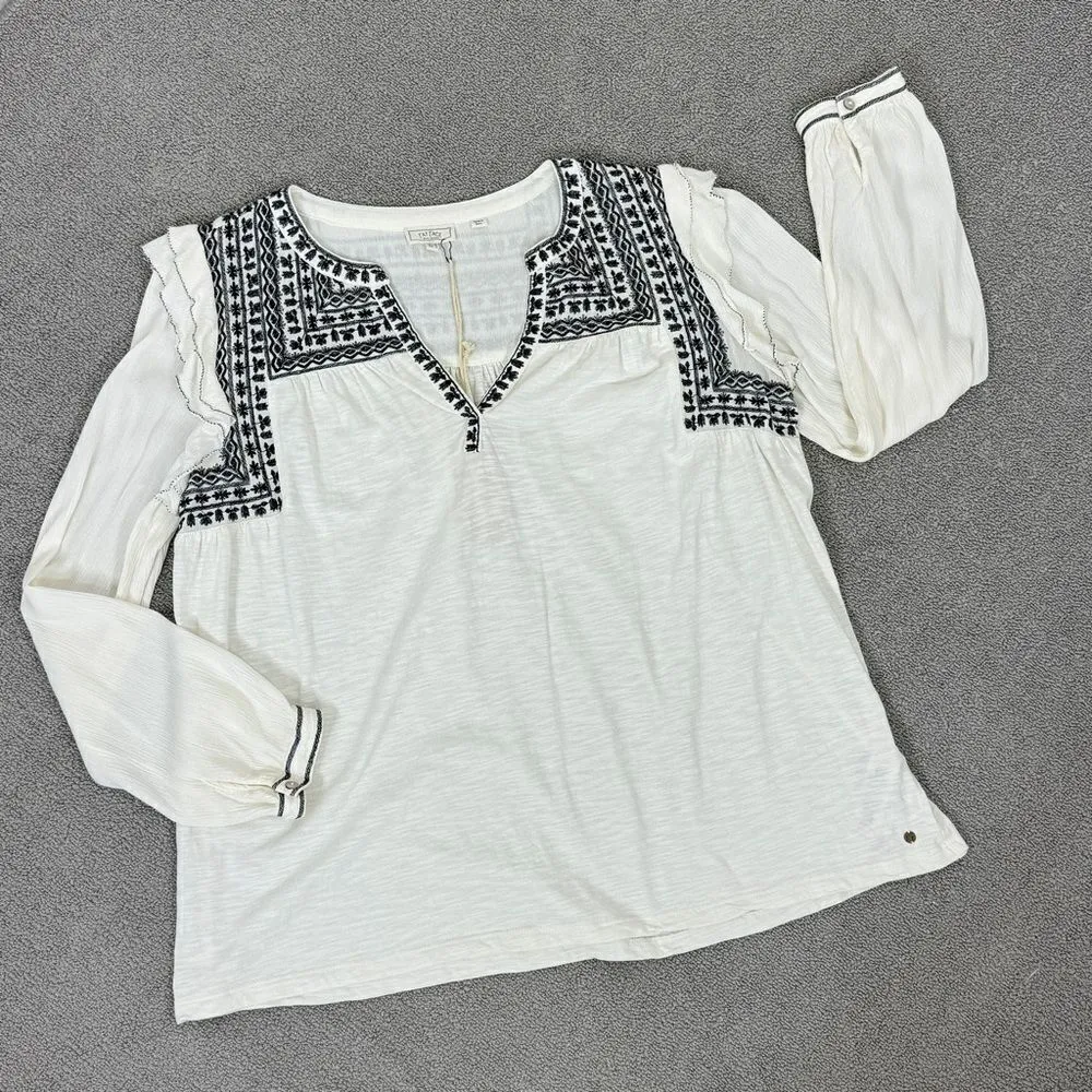 Fat Face Martha Boho Embroidered V Neck Slub Knit Shirt Cream 12‎ Long Sleeve Black - Image 13