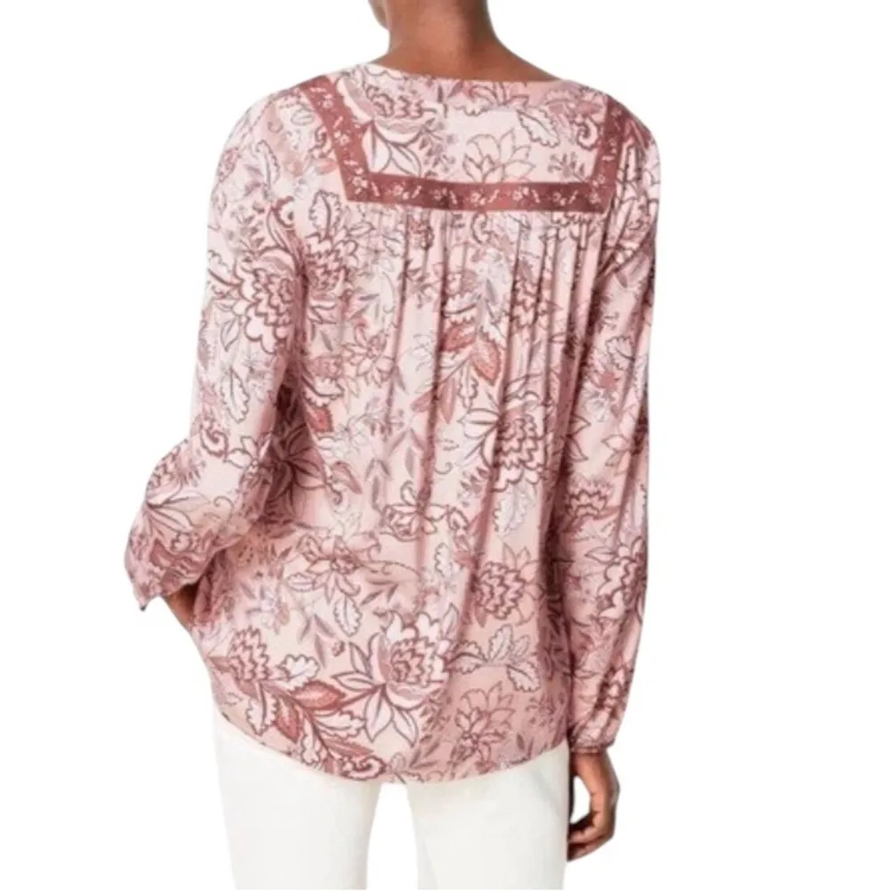 J Jill Women’s Pink and Brown Floral Peasant Blouse Size Large Petite LP PL Tan - Image 2