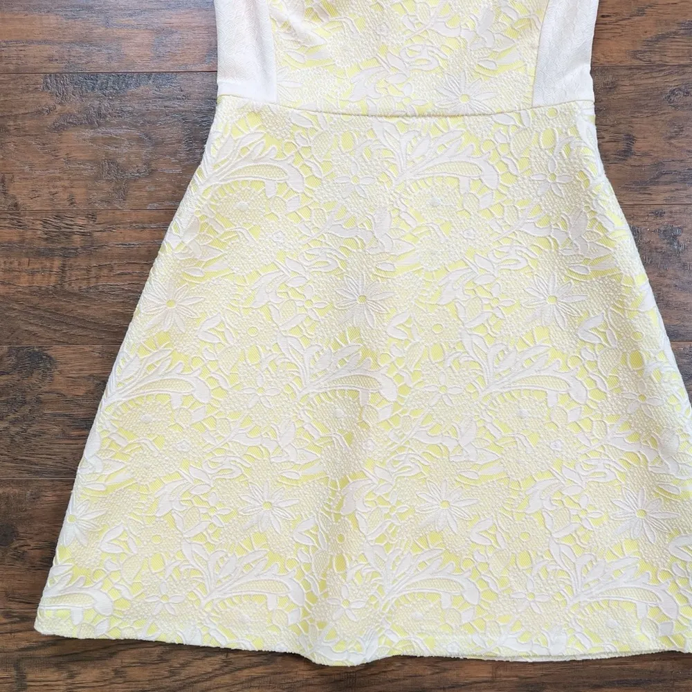 Badgley Mischka • yellow floral mini dress white trompe l'oeil lace knit skater - Image 5