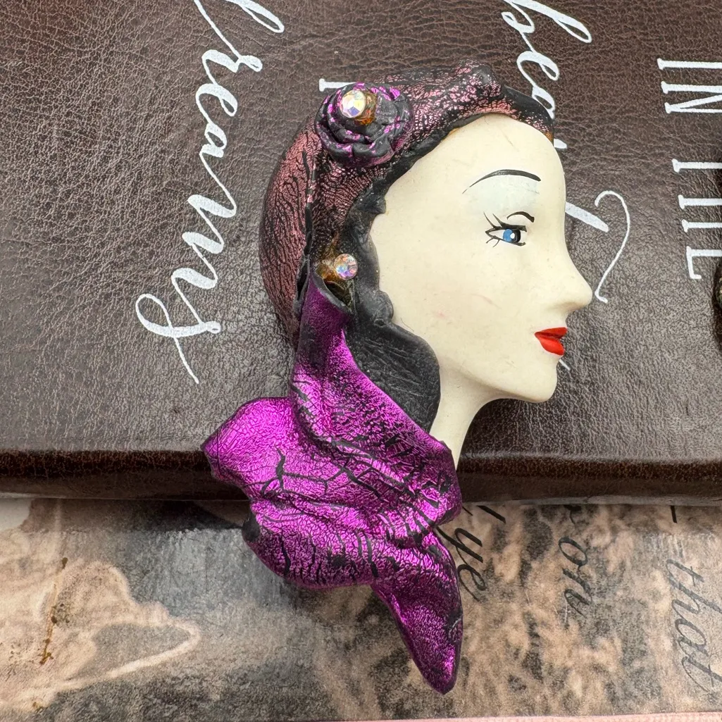 Vintage Lady Face Brooch & Earrings Set | Hand Painted Statement Jewelry Purple - Image 2