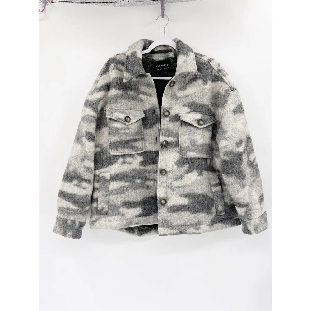 All Saints Fenix Grey Sherpa Wool Blend Camo Print Button Up Jacket Size 10 NWT - Image 3