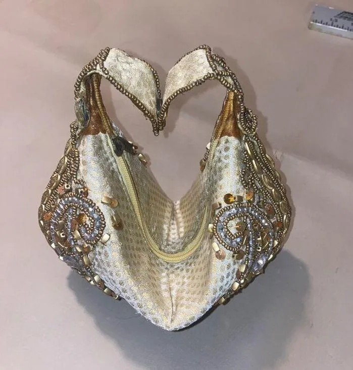 Potli Evening Clutch Vintage Gold & White Beaded With Intricate Accents - Image 6