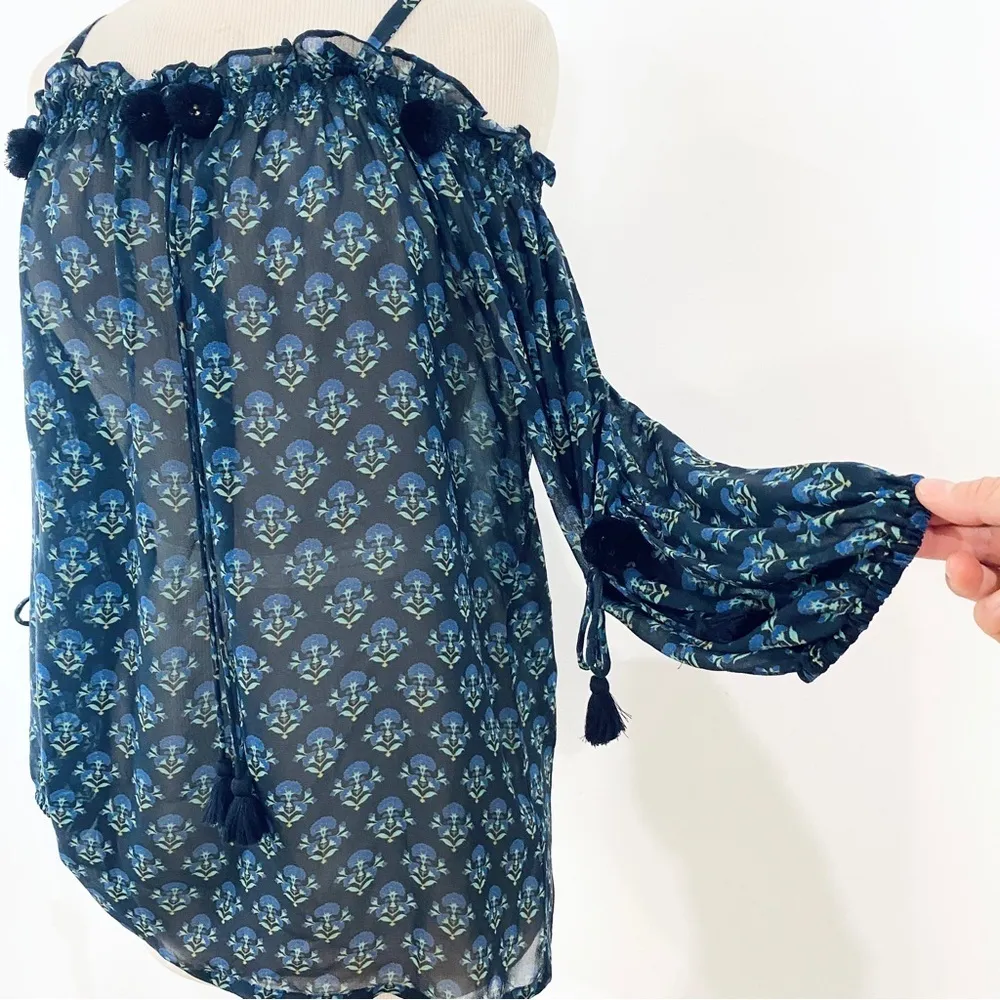 FIGUE 100% silk off shoulder Pom Pom blouse Blue Size L - Image 3