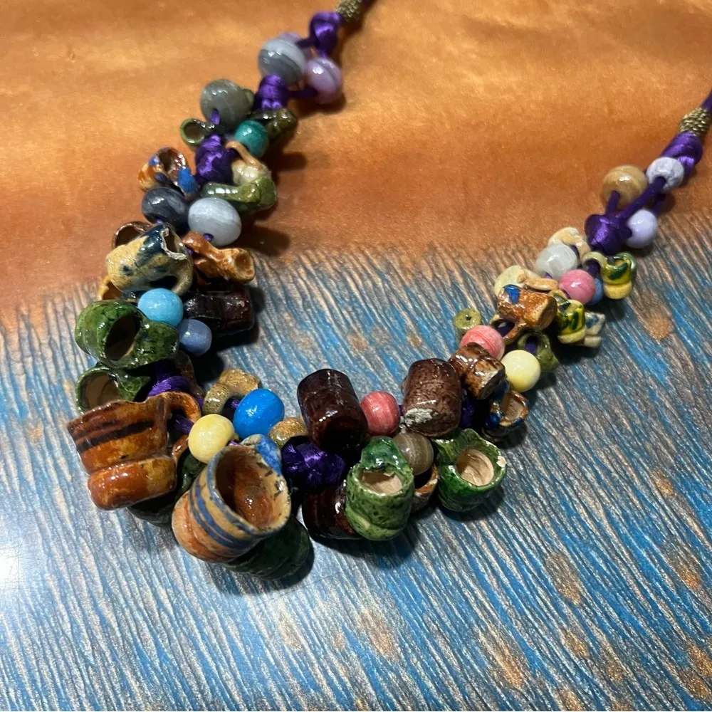 Vintage Mexican Folkart Mini Ceramic mug cup Necklace multicolor Purple - Image 2