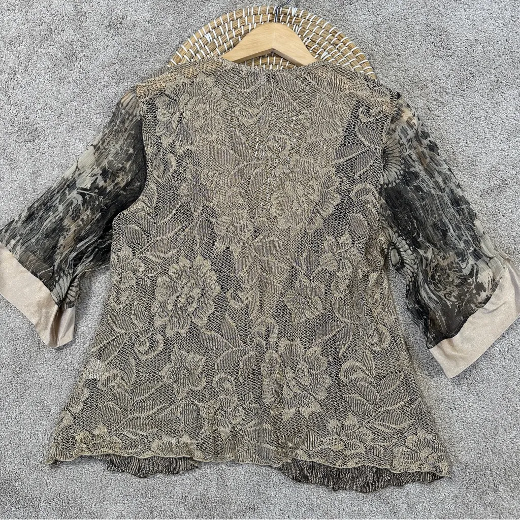 Spencer Alexis Vintage Silk Blend Kimono Top Floral Lace Embroidered Fairy L Tan Size L - Image 7