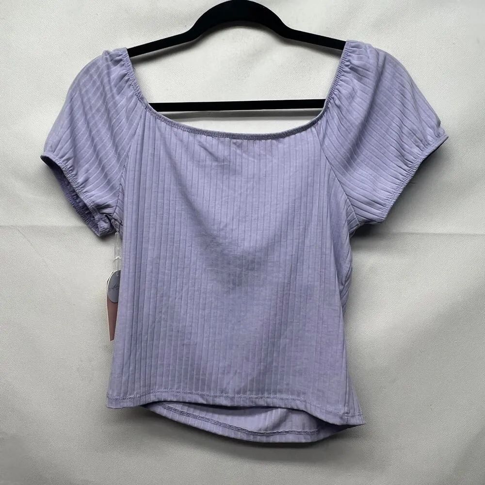 Blashe Womens Top Large Cropped Twist Front Puff Sleeves Coquette Romantic Boho Purple - Image 2