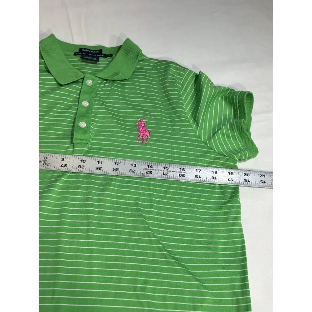Ralph Lauren Golf Polo Shirt L Green & White Stripes Pink Pony Logo Tailored Fit - Image 4