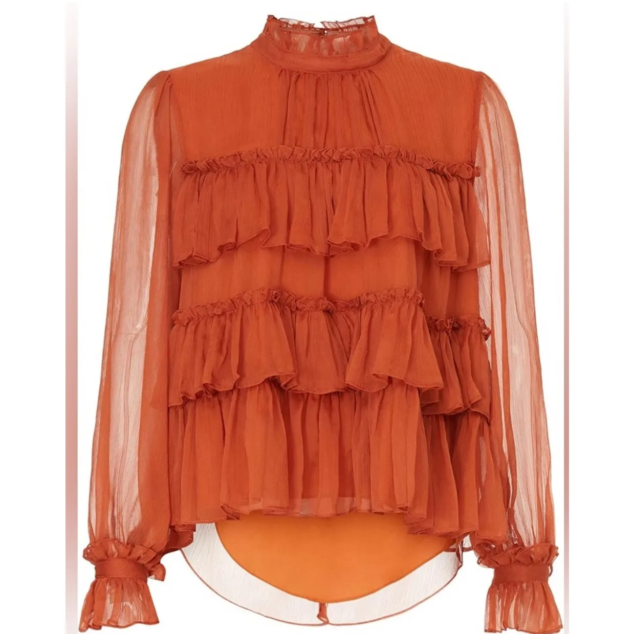 Adam Lippes Tiered Statement Ruffle Top Blouse in Brick Orange. Size 2. - Image 10