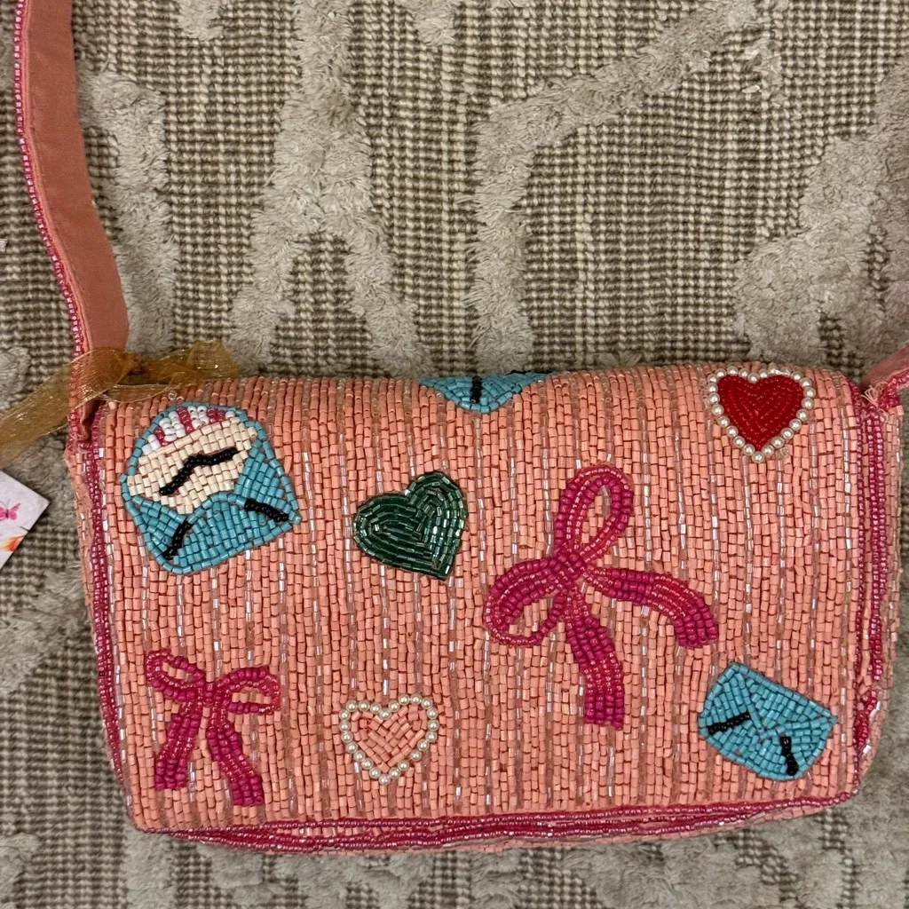 NWT Love Letter Heart Bows Pink Beaded Shoulder Bag Made in India Handcrafted - Image 2