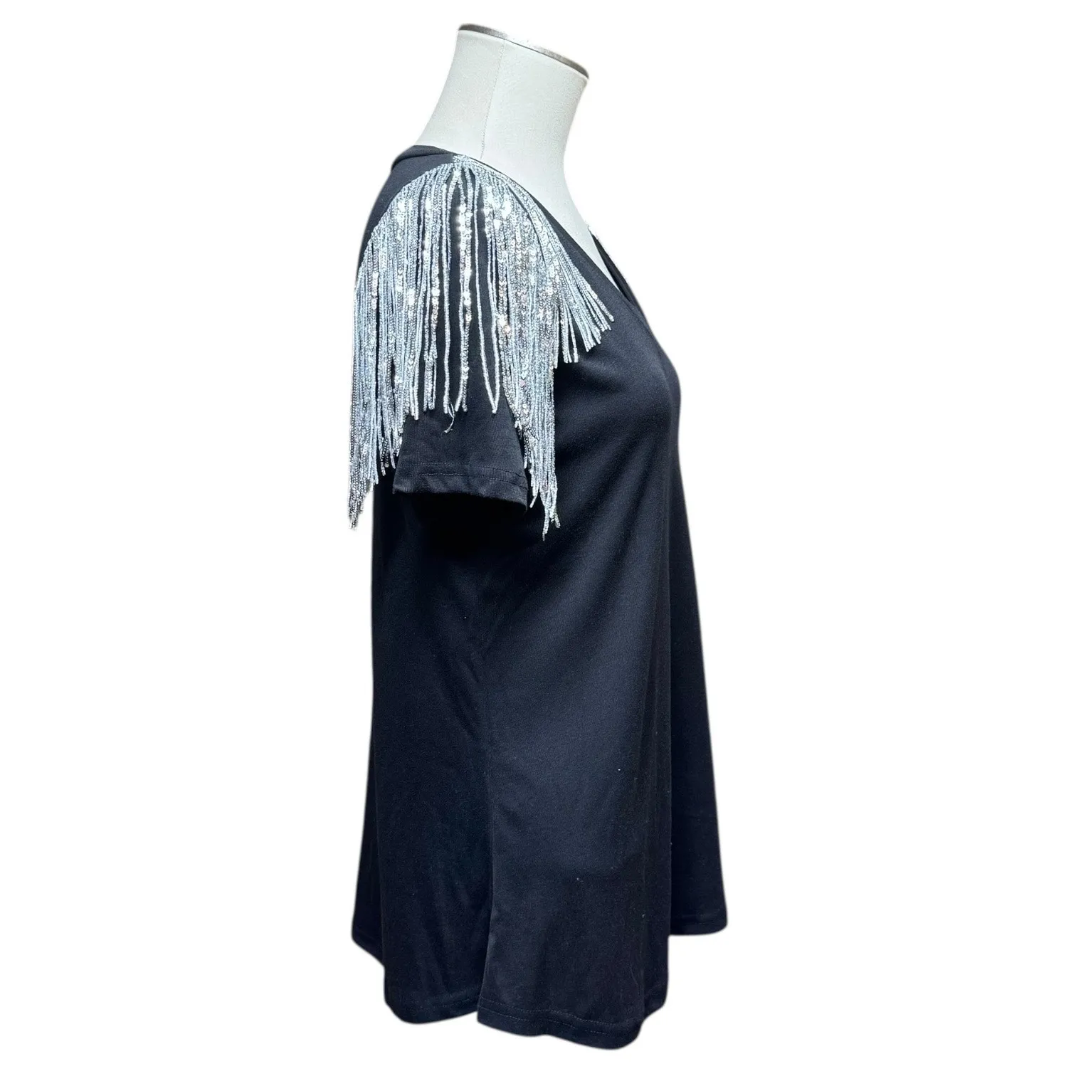 Crazy Train Everything That Glitters Fringe T-Shirt Top Black Silver Small - Image 5