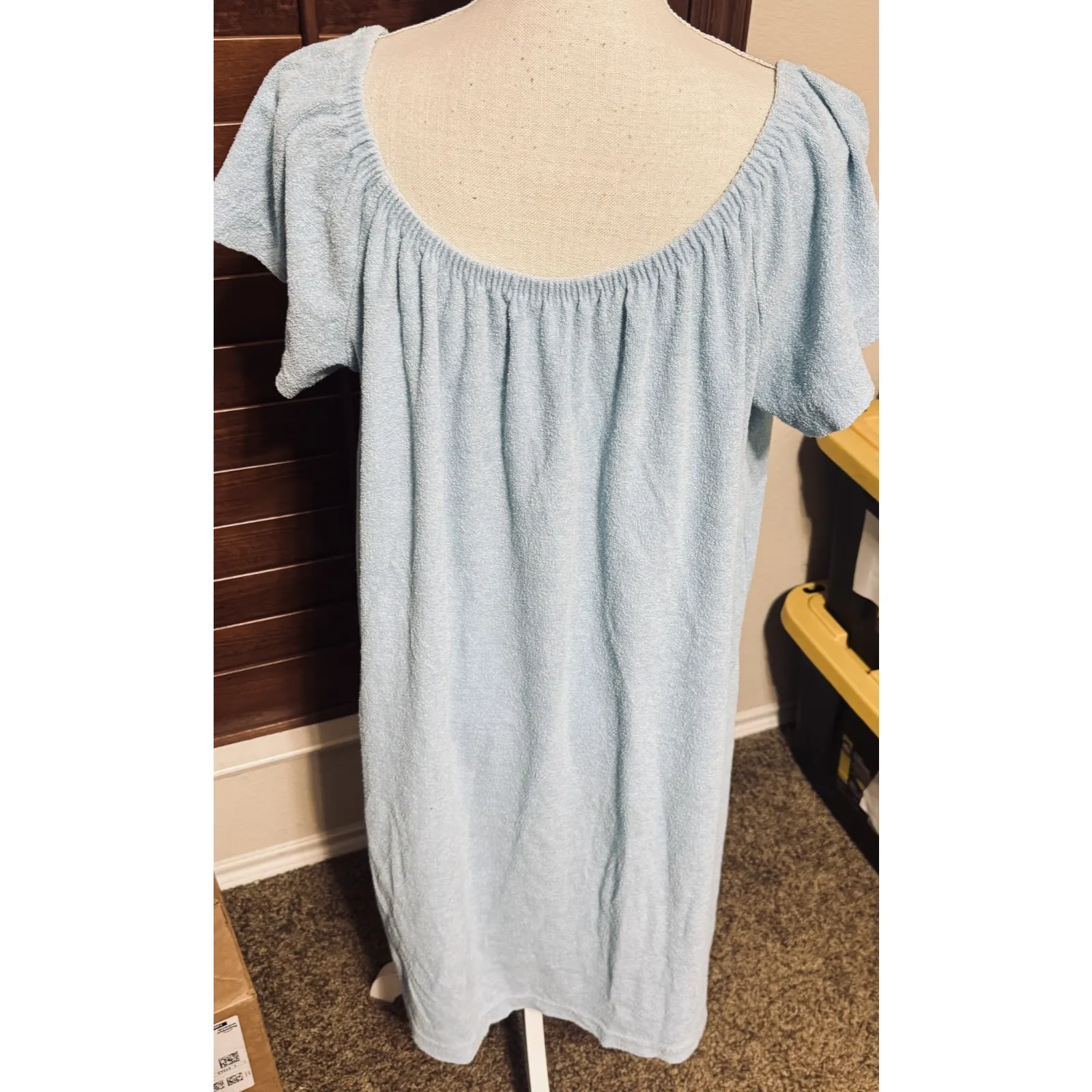 Vintage 70s Terry Cloth Robe Caftan House Dress Swan Pocket Lounge XL Blue USA - Image 4