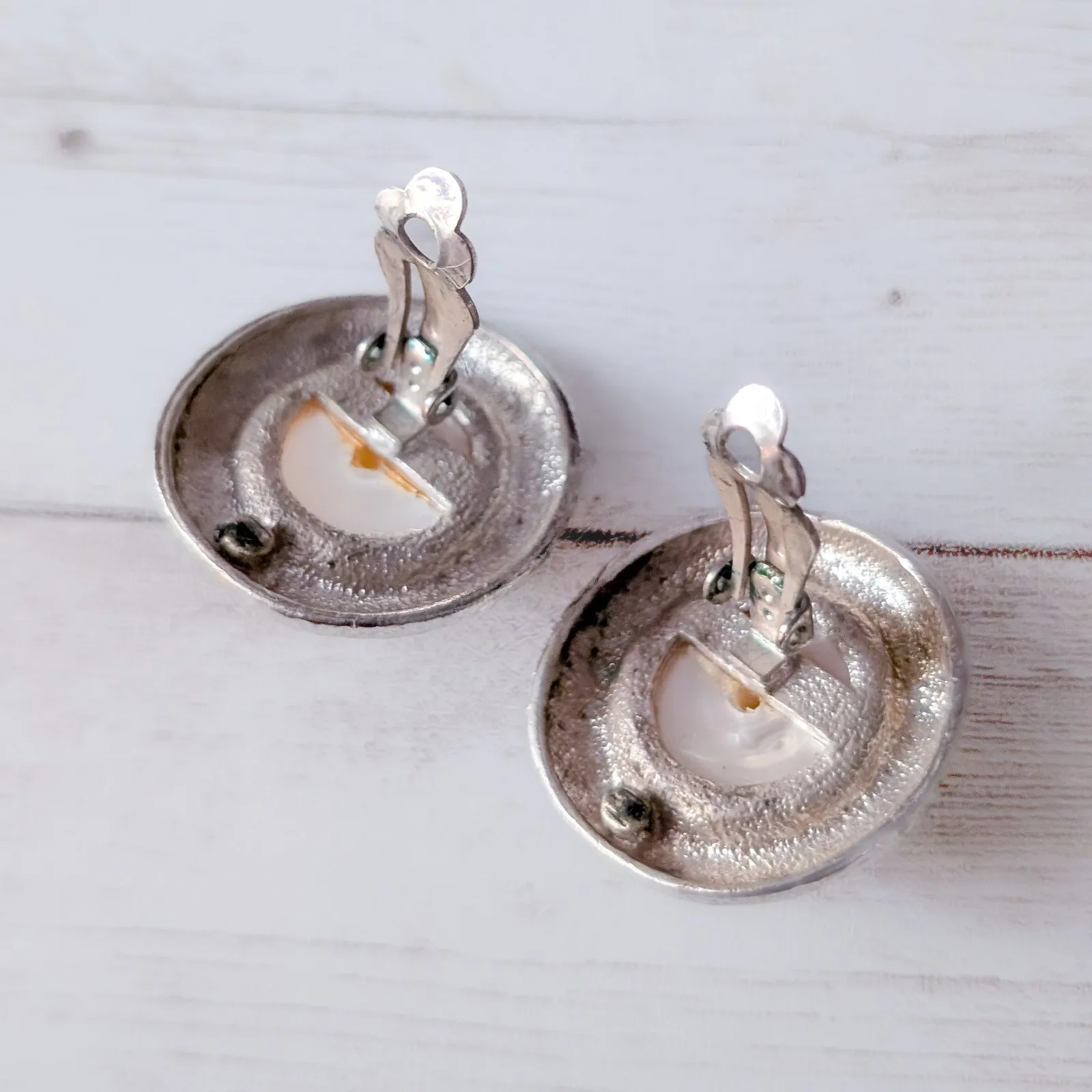 Vintage Clip On Earrings Silver Tone Halo Faux Pearl Very Large - Image 5