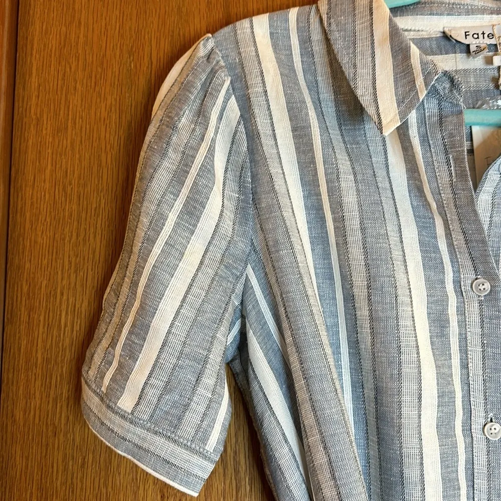 Fate Blue & White Striped Linen/Cotton Button Front Dress w/ Pockets & Tie Waist - Image 6