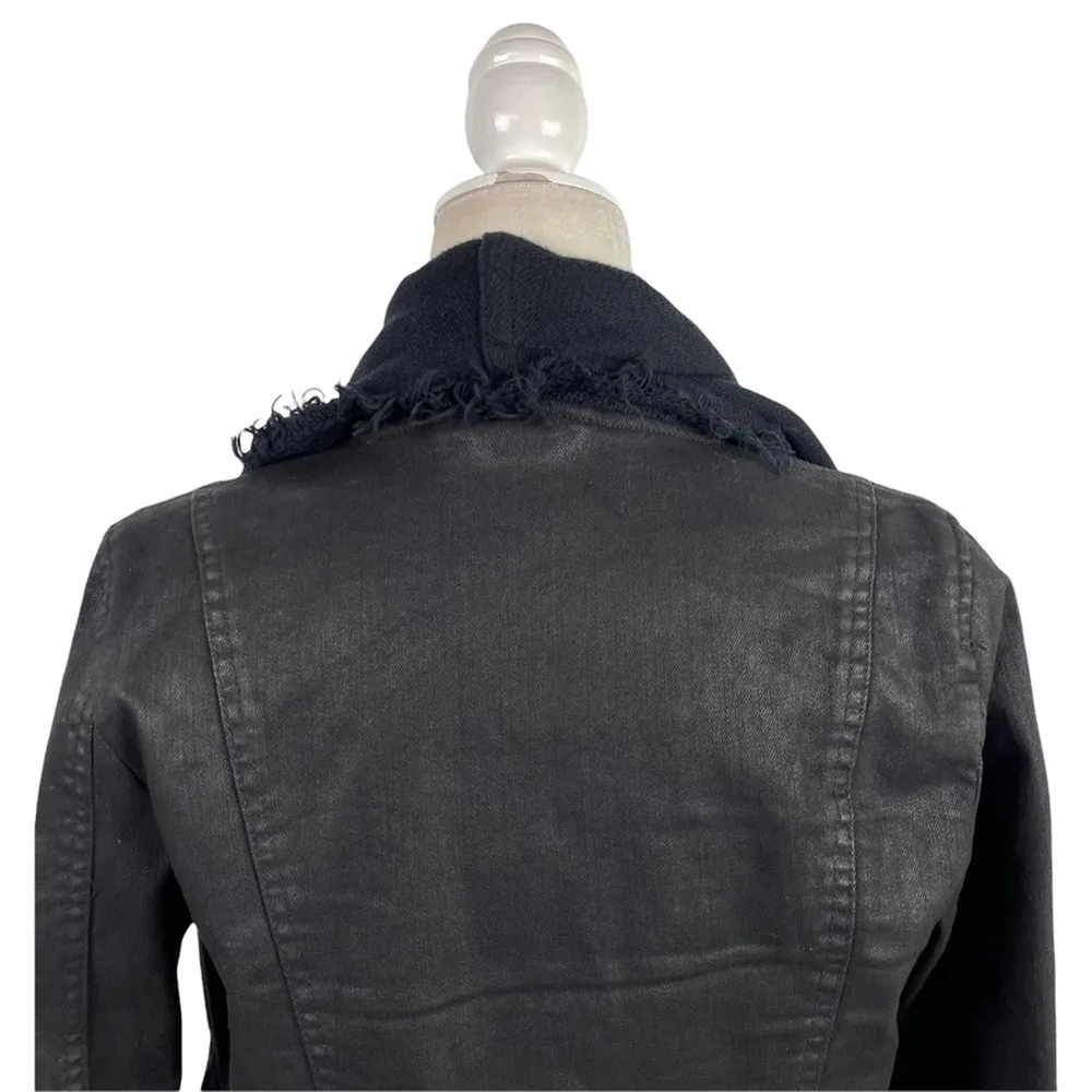 Free People Drape Front Coated Waxed Denim Moto Cropped Jacket Black Zip Cuffs 4 - Image 10