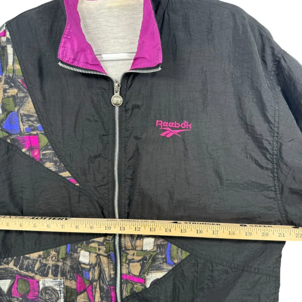Vintage Reebok Windbreaker Jacket‎ Black & Purple Abstract Size S 80s 90s Retro - Image 4