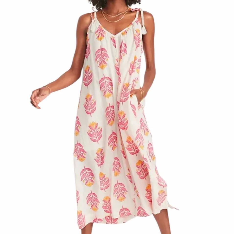 Old Navy Cotton Maxi Dress Sleeveless V-neck White Pink Floral Women Size Large - Image 13