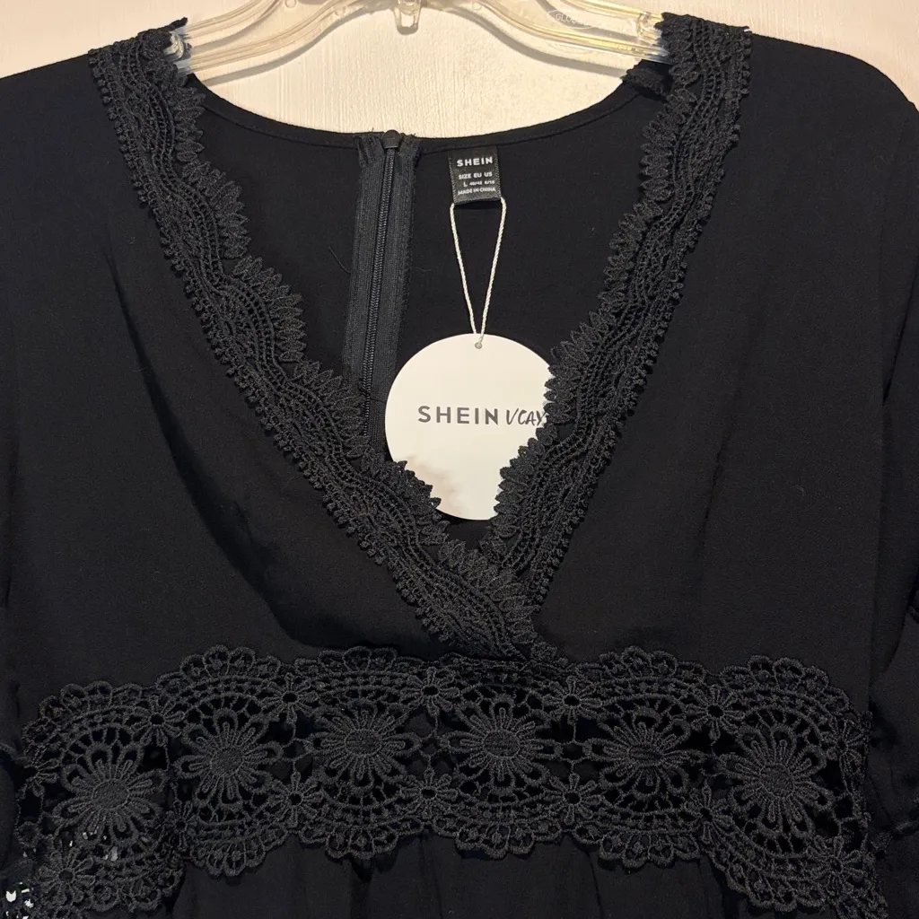 Shein NWT Vcay Black Lace Detail Ruffle Sleeves Swim Suit Coverup- Size L - Image 4