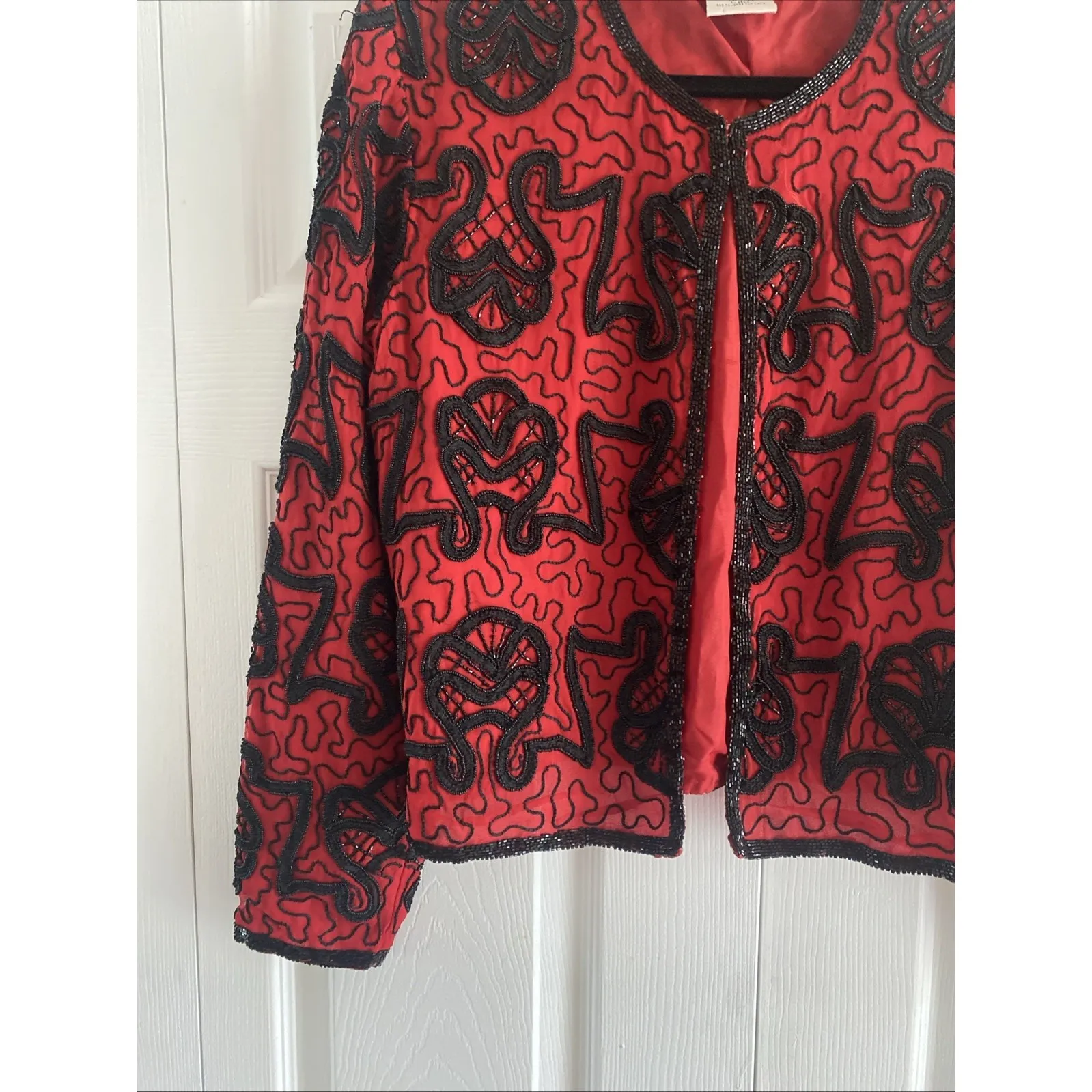 Stenay Womens Small Red Silk Black Beaded Bolero Jacket Holiday Event Glam - Image 6