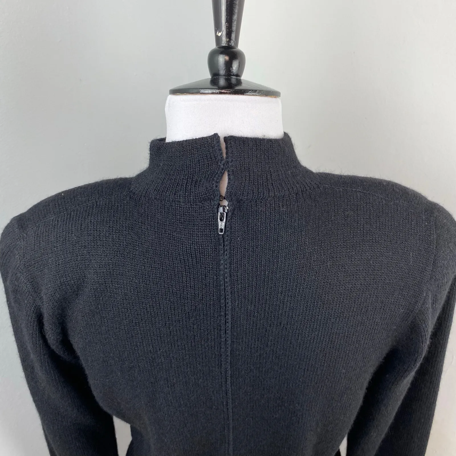 St. John 80s Black High Neck Gathered Waist  Peplum Santana Knit Sweater Size 6 - Image 6