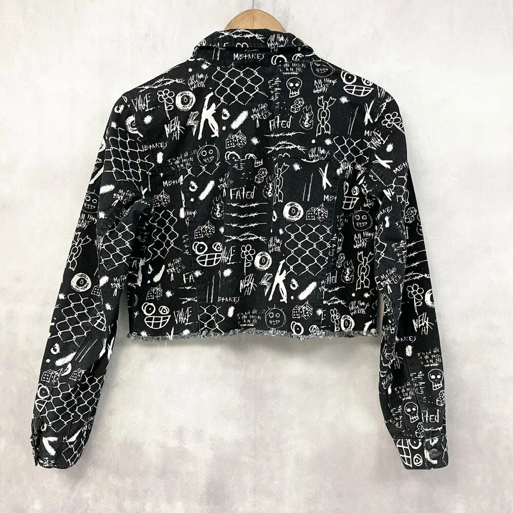 Empyre Graffiti Trucker Jacket Women Small Cropped Grunge Street Edgy Urban Twee Black - Image 3