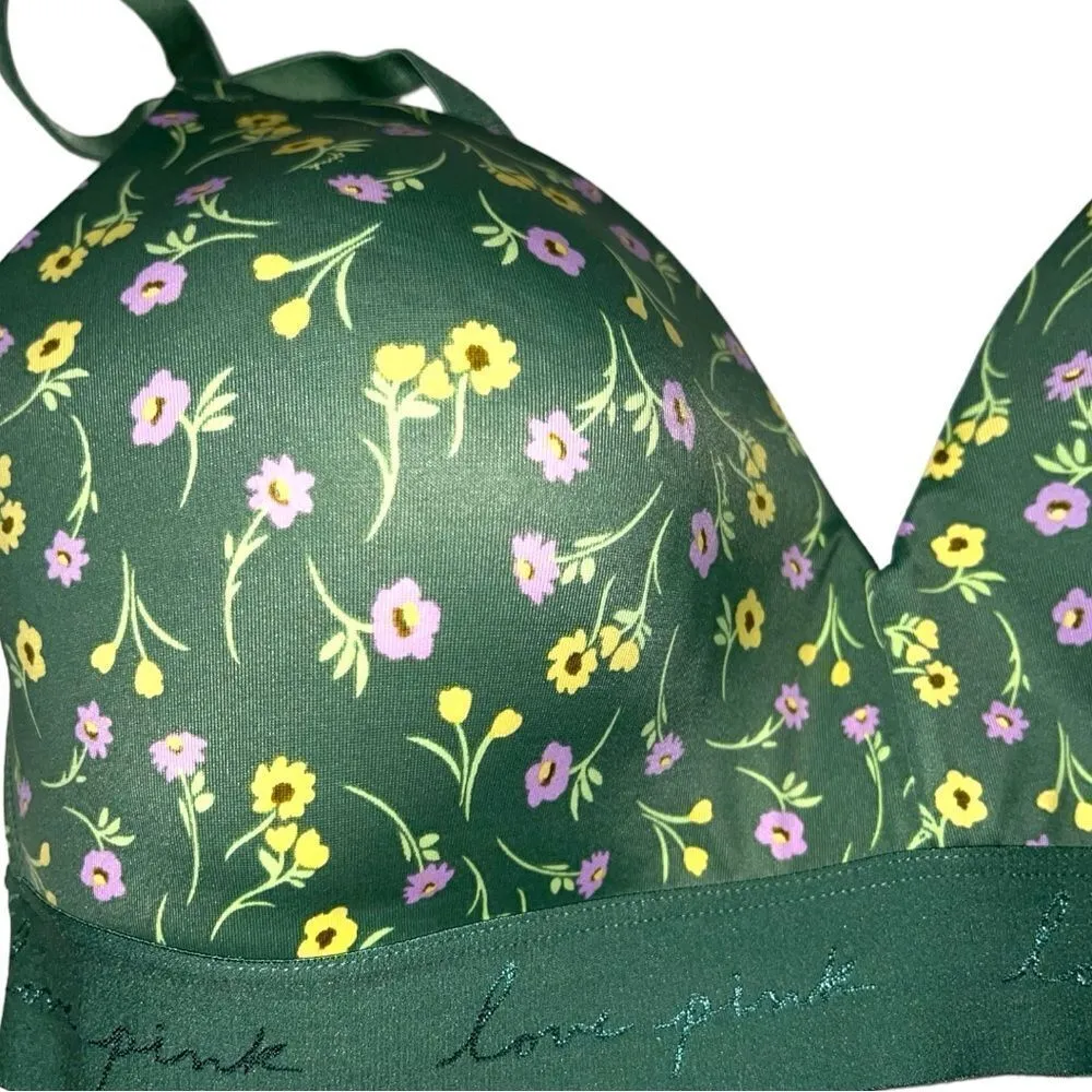 Pink brand green floral bra elastic comfort band! - Image 2