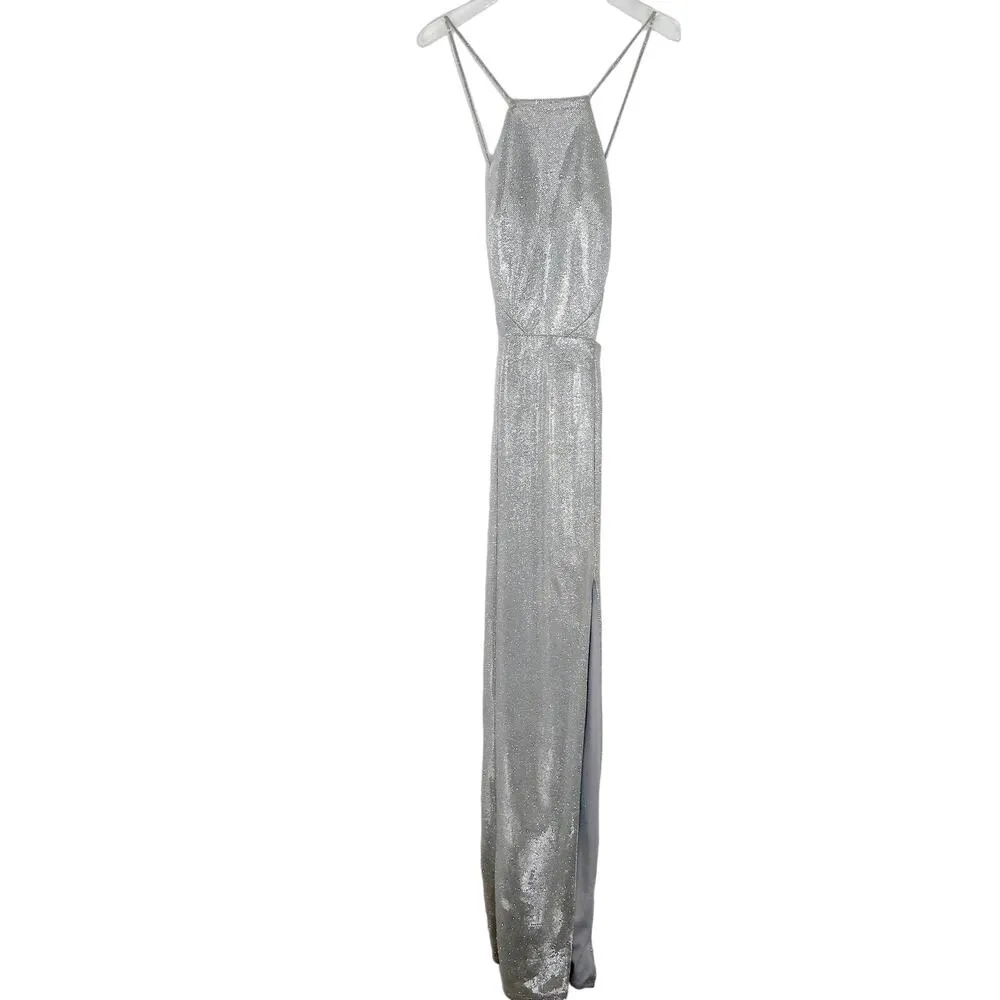 Y2k Metallic Silver Prom Dress Gown Halter Dress Cut Out - Image 4